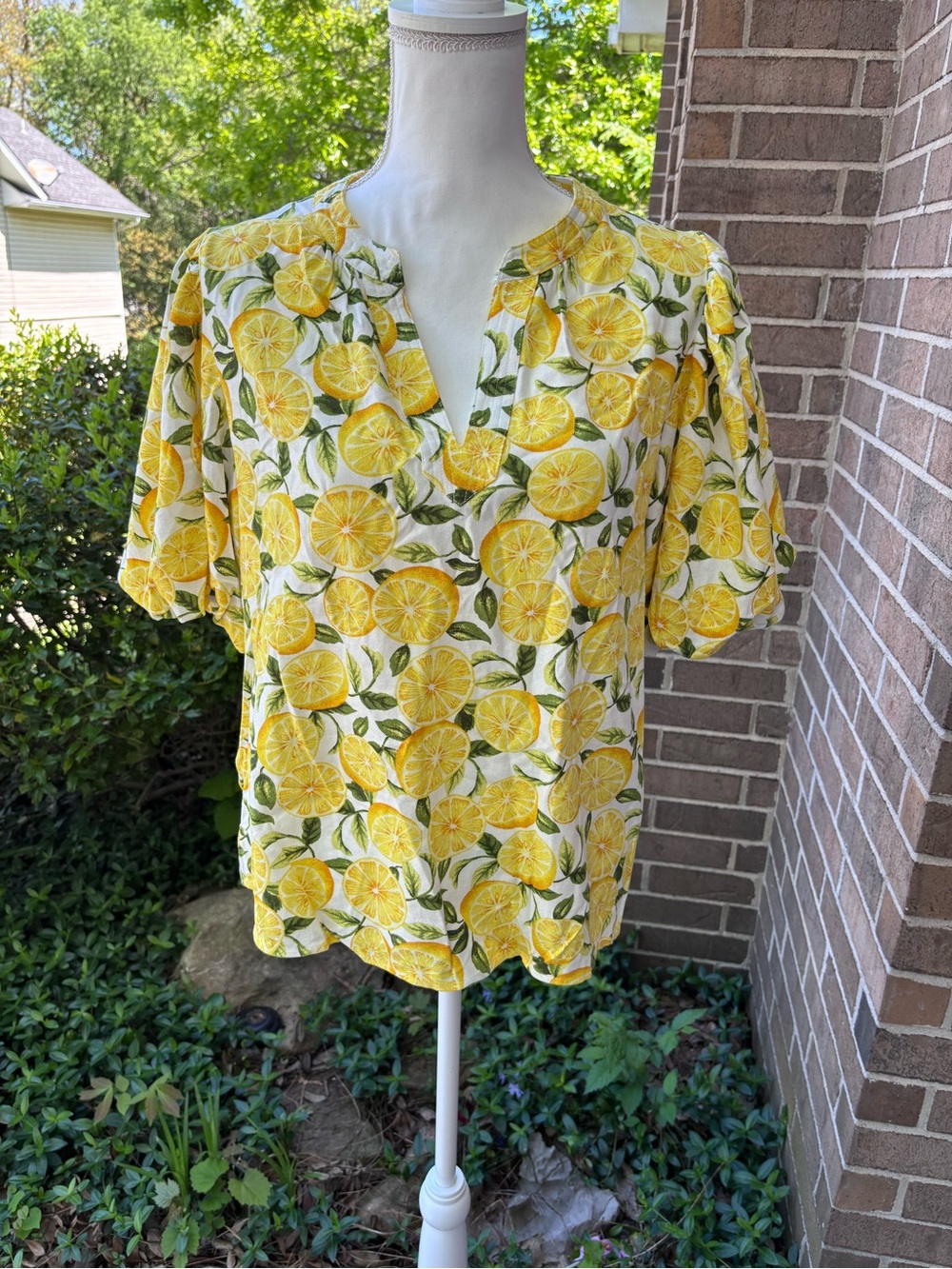 Anthropologie CeCe Yellow Lemon Print V-Neck Blouse - Picture 2 of 5